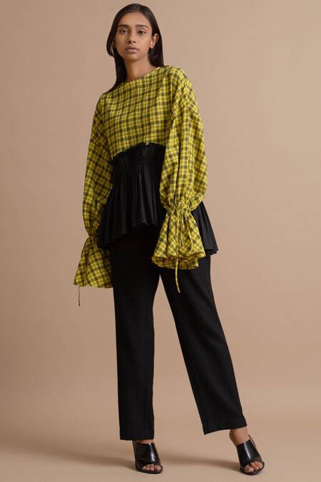 Buy Kanelle Black Cotton Checkered Peplum Top Online at Aza Fashions Buy_Kanelle_Black Cotton Checkered Peplum Top_Online_at_Aza_Fashions