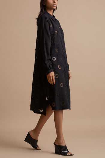 Kanelle_Black Cotton Slub Embroidered Dress_Online_at_Aza_Fashions