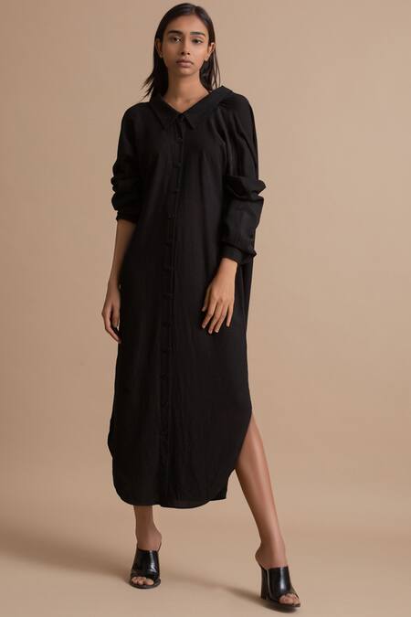 Buy_Kanelle_Black Cotton Slub Draped Shirt Dress_Online_at_Aza_Fashions
