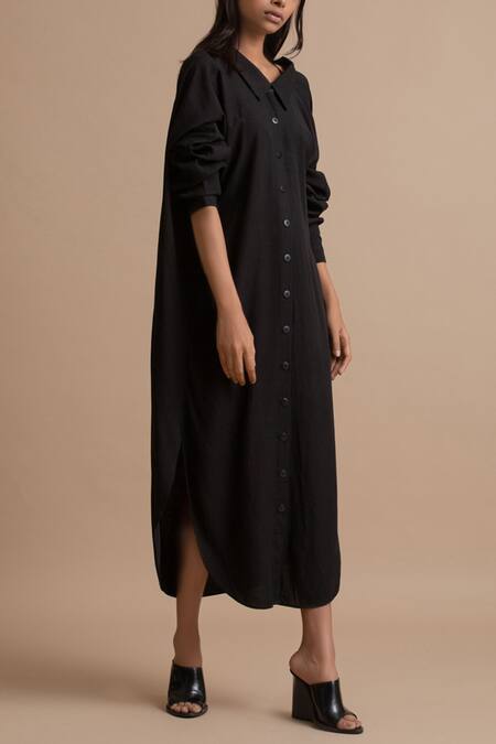 Shop_Kanelle_Black Cotton Slub Draped Shirt Dress_Online_at_Aza_Fashions
