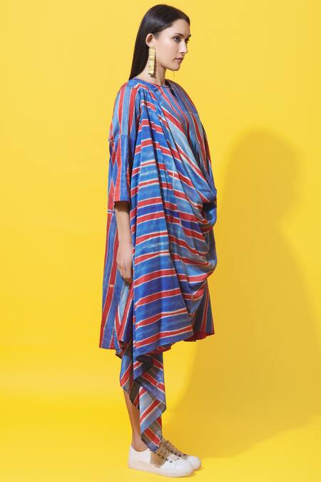 KA-Sha_Blue Chanderi Dyed Draped Dress_Online_at_Aza_Fashions
