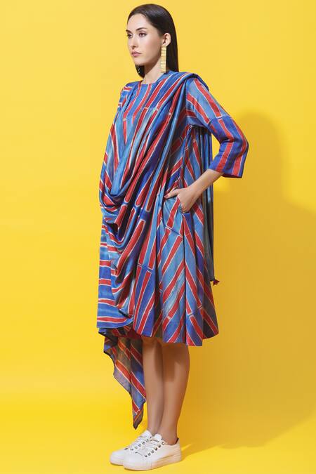 Buy_KA-Sha_Blue Chanderi Dyed Draped Dress_Online_at_Aza_Fashions