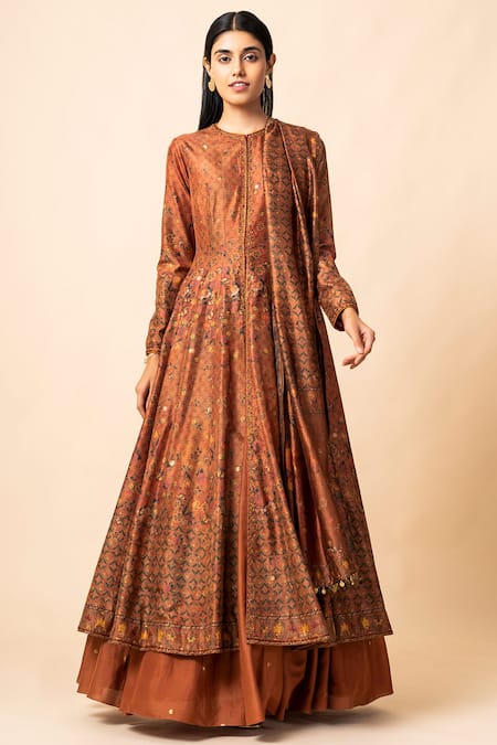 Ekaya Orange Handwoven Banarasi Silk Anarkali Lehenga Set