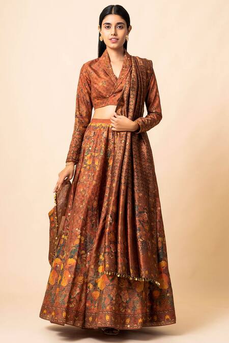 Ekaya Orange Handwoven Banarasi Silk Lehenga Set