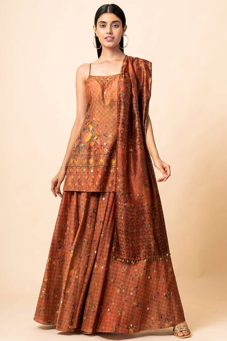 Ekaya Orange Handwoven Banarasi Silk Kurta Palazzo Set