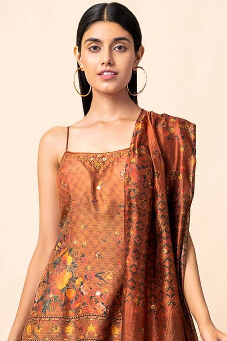 Ekaya Banaras Orange Handwoven Banarasi Silk Kurta Palazzo Set Online at Aza Fashions Ekaya Banaras_Orange Handwoven Banarasi Silk Kurta Palazzo Set_Online_at_Aza_Fashions