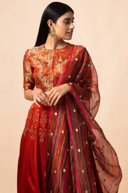 Shop_Ekaya Banaras_Maroon Handwoven Banarasi Silk Lehenga Set_at_Aza_Fashions