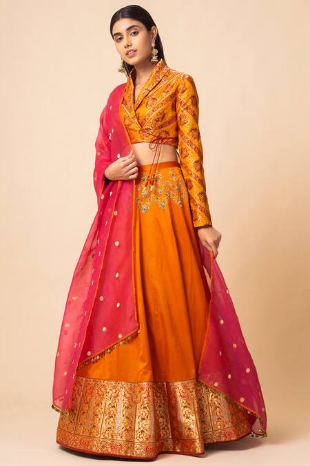 Ekaya Orange Handwoven Banarasi Silk Lehenga Set