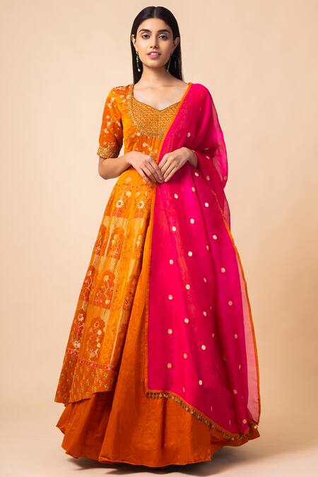 Ekaya Banaras Orange Banarasi Silk Anarkali Set