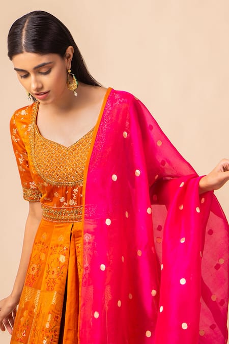 Shop_Ekaya Banaras_Orange Banarasi Silk Anarkali Set_at_Aza_Fashions