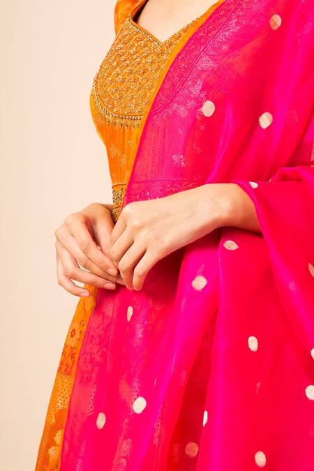Ekaya Banaras_Orange Banarasi Silk Anarkali Set_Online_at_Aza_Fashions