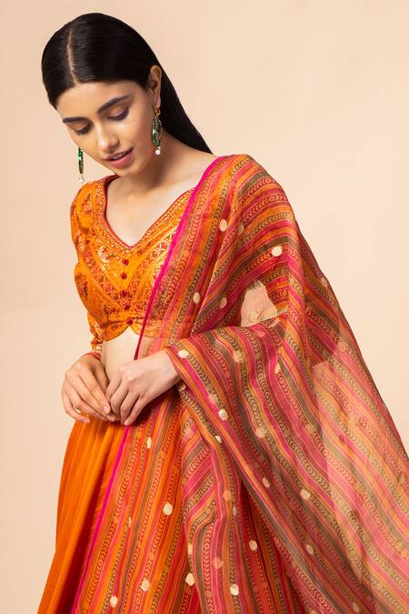 Shop Ekaya Banaras Orange Banarasi Silk Lehenga Set at Aza Fashions Shop_Ekaya Banaras_Orange Banarasi Silk Lehenga Set_at_Aza_Fashions