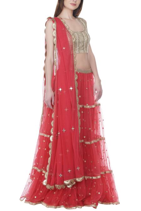 Bhumika Grover_Pink Raw Silk, Net Square Neck Embroidered Lehenga Set_Online_at_Aza_Fashions