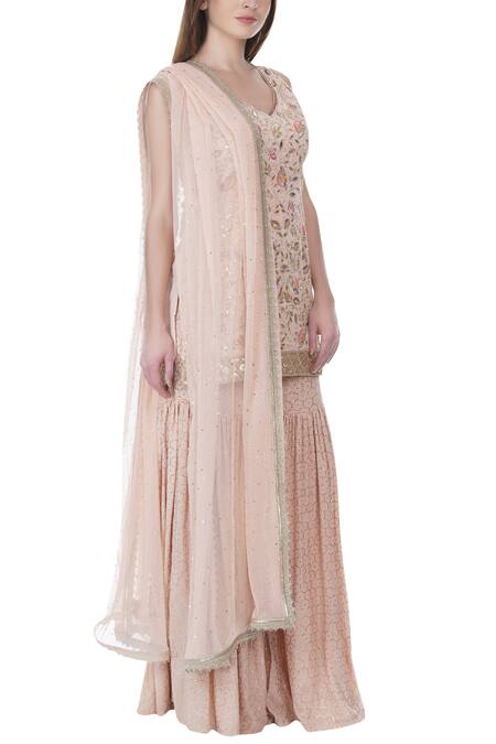 Bhumika Grover_Pink Raw Silk, Net, Georgette V Neck Embroidered Kurta Sharara Set_Online_at_Aza_Fashions