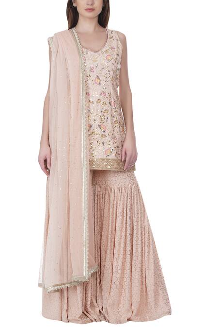 Buy_Bhumika Grover_Pink Raw Silk, Net, Georgette V Neck Embroidered Kurta Sharara Set_Online_at_Aza_Fashions
