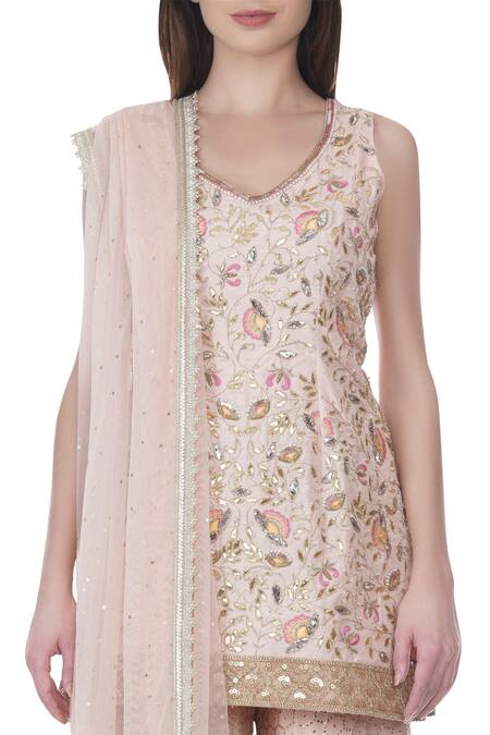 Shop_Bhumika Grover_Pink Raw Silk, Net, Georgette V Neck Embroidered Kurta Sharara Set_Online_at_Aza_Fashions