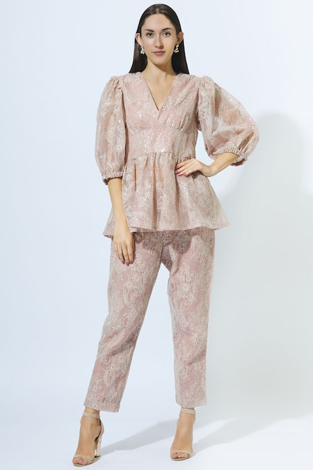 Kisneel by Pam Pink Lace Peplum Top Pant Set