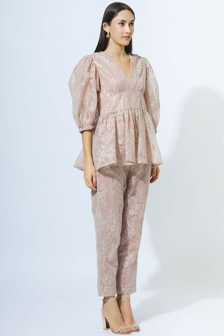 Kisneel By Pam_Pink Lace Peplum Top Pant Set_Online_at_Aza_Fashions