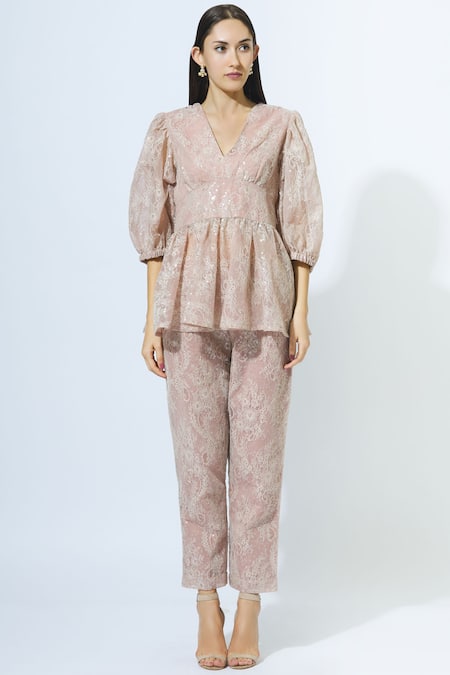 Buy_Kisneel By Pam_Pink Lace Peplum Top Pant Set_Online_at_Aza_Fashions