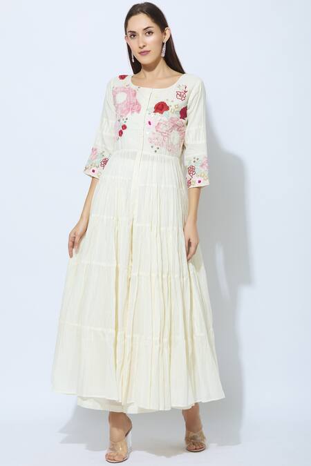 Itara Off White Cotton Round Anarkali Palazzo Set