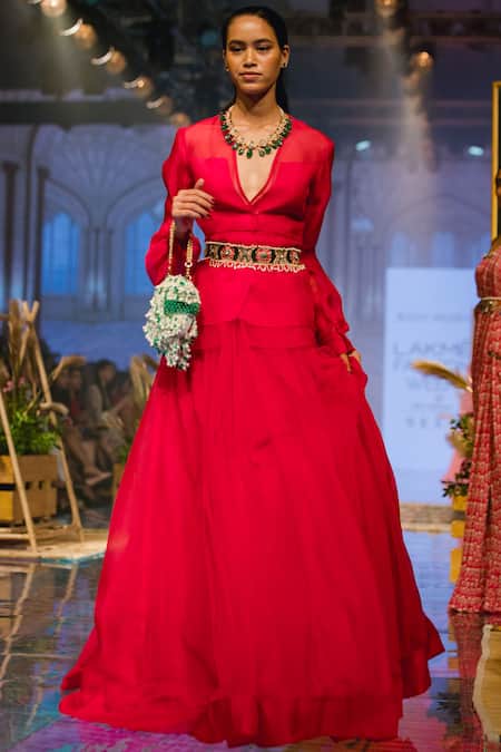 Ridhi Mehra Pink Organza V Neck Shirt And Skirt Set Online at Aza Fashions Ridhi Mehra_Pink Organza V Neck Shirt And Skirt Set _Online_at_Aza_Fashions