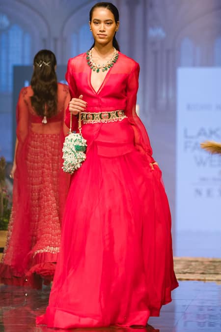 Shop Ridhi Mehra Pink Organza V Neck Shirt And Skirt Set Online at Aza Fashions Shop_Ridhi Mehra_Pink Organza V Neck Shirt And Skirt Set _Online_at_Aza_Fashions