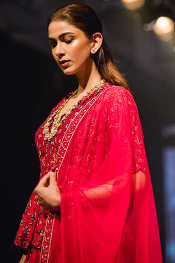Buy_Ridhi Mehra_Pink Raw Silk V-shaped Neckline Embroidered Lehenga Set _Online_at_Aza_Fashions