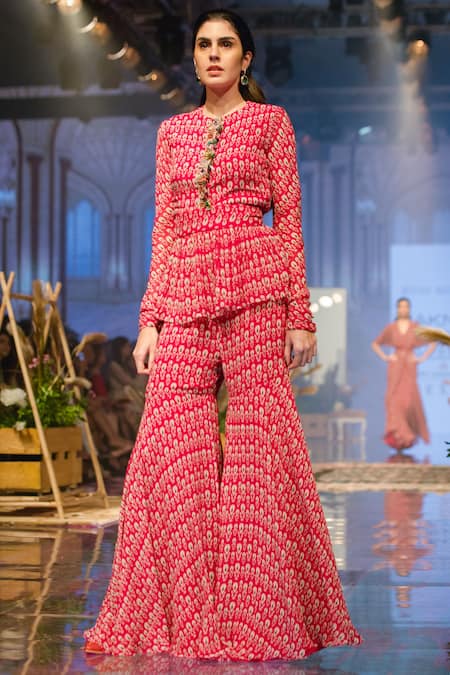 Ridhi Mehra_Pink Chiffon Round Printed Kurta Sharara Set  _Online_at_Aza_Fashions
