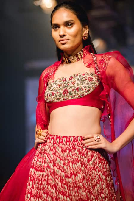 Ridhi Mehra_Red Chiffon Square Neck Printed Lehenga Set _Online_at_Aza_Fashions