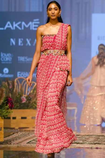 Ridhi Mehra Pink Chiffon Pre-draped Saree With Blouse  