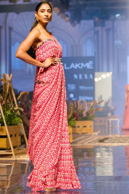 Ridhi Mehra_Pink Chiffon Pre-draped Saree With Blouse  _Online_at_Aza_Fashions