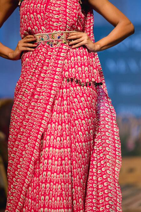 Buy_Ridhi Mehra_Pink Chiffon Pre-draped Saree With Blouse  _Online_at_Aza_Fashions