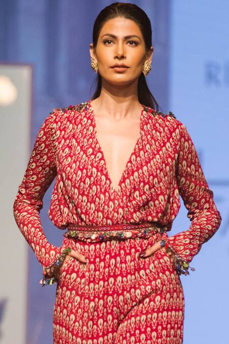 Buy_Ridhi Mehra_Red Chiffon V-shaped Neckline Printed Flared Jumpsuit  _Online_at_Aza_Fashions