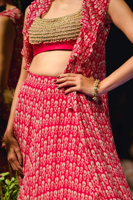 Ridhi Mehra_Red Organza, Chiffon Round Printed Lehenga Set _Online_at_Aza_Fashions