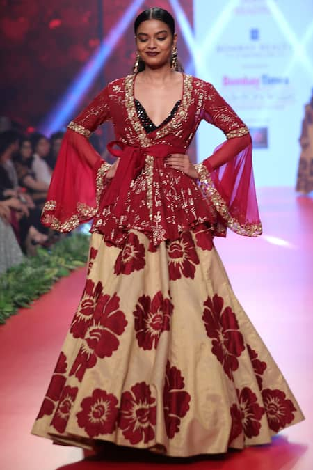 Vikram Phadnis Maroon Embroidered Kurta Lehenga Set