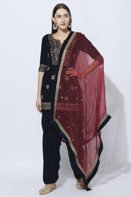 Esha Koul_Blue Organza, Velvet Split Embroidered Kurta Set_Online_at_Aza_Fashions