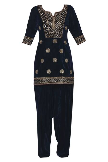 Buy_Esha Koul_Blue Organza, Velvet Split Embroidered Kurta Set_Online_at_Aza_Fashions