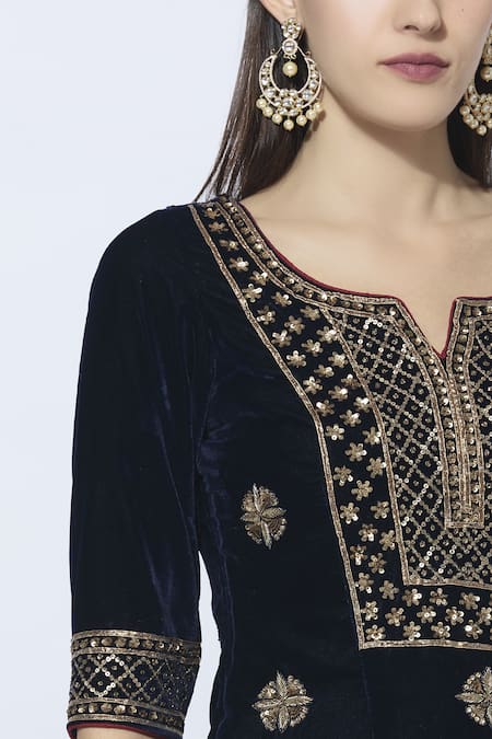 Esha Koul_Blue Organza, Velvet Split Embroidered Kurta Set_at_Aza_Fashions