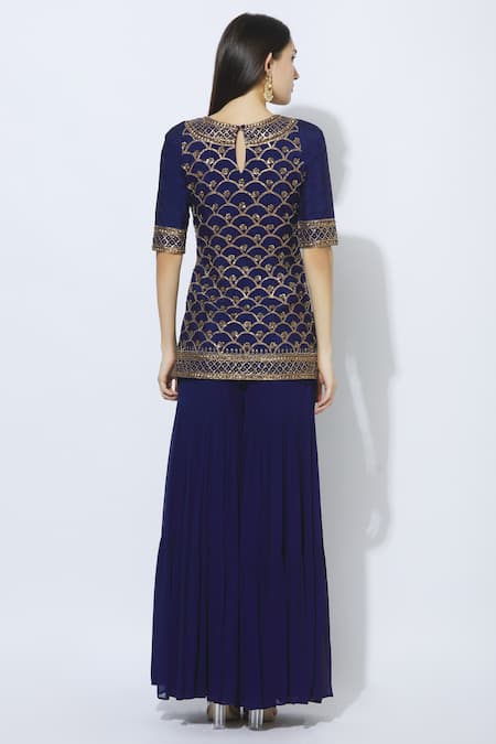 Shop Esha Koul Blue Silk, Net, Georgette Split Kurta Sharara Set at Aza Fashions Shop_Esha Koul_Blue Silk, Net, Georgette Split Kurta Sharara Set _at_Aza_Fashions