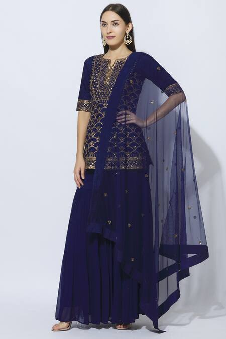 Esha Koul Blue Silk, Net, Georgette Split Kurta Sharara Set Online at Aza Fashions Esha Koul_Blue Silk, Net, Georgette Split Kurta Sharara Set _Online_at_Aza_Fashions