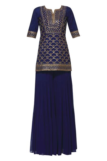 Buy Esha Koul Blue Silk, Net, Georgette Split Kurta Sharara Set Online at Aza Fashions Buy_Esha Koul_Blue Silk, Net, Georgette Split Kurta Sharara Set _Online_at_Aza_Fashions