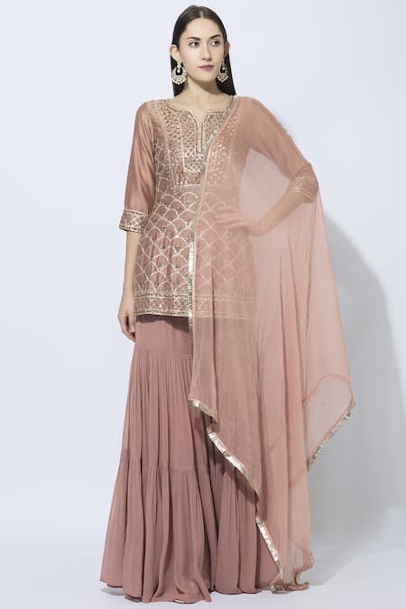 Esha Koul_Peach Chanderi, Chiffon, Georgette Split Kurta Sharara Set_Online_at_Aza_Fashions