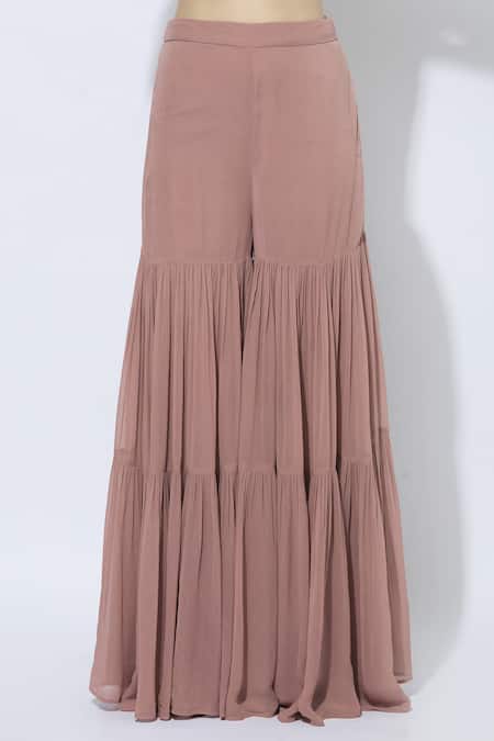 Shop_Esha Koul_Peach Chanderi, Chiffon, Georgette Split Kurta Sharara Set_Online_at_Aza_Fashions