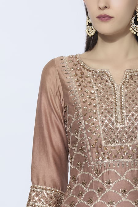 Esha Koul_Peach Chanderi, Chiffon, Georgette Split Kurta Sharara Set_at_Aza_Fashions