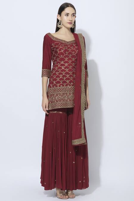Esha Koul_Maroon Silk, Net, Georgette V Neck Kurta Sharara Set_Online_at_Aza_Fashions