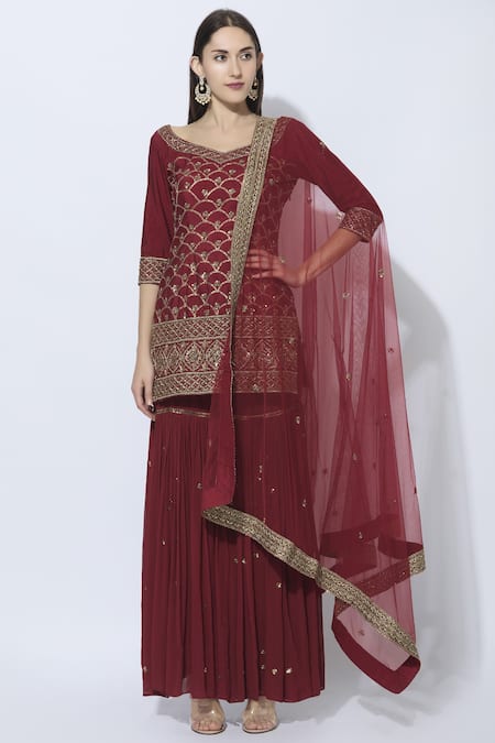 Buy_Esha Koul_Maroon Silk, Net, Georgette V Neck Kurta Sharara Set_Online_at_Aza_Fashions