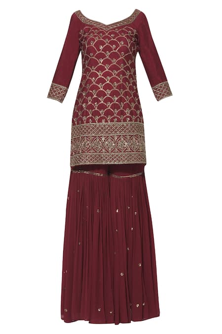 Shop_Esha Koul_Maroon Silk, Net, Georgette V Neck Kurta Sharara Set_Online_at_Aza_Fashions