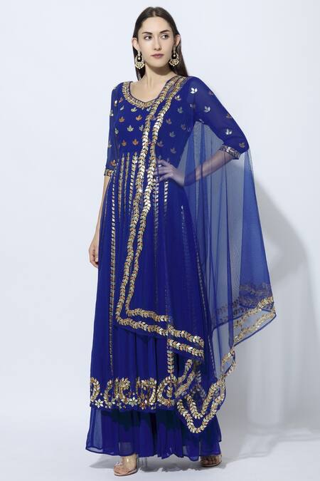 Esha Koul_Blue Net, Georgette V Neck Embroidered Anarkali Set_Online_at_Aza_Fashions