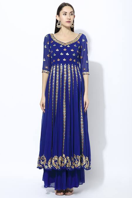 Buy_Esha Koul_Blue Net, Georgette V Neck Embroidered Anarkali Set_Online_at_Aza_Fashions