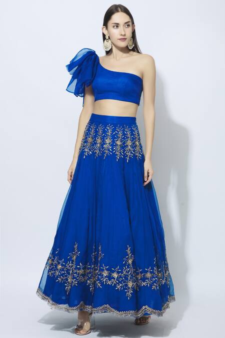 Esha Koul Blue Organza Asymmetric Embroidered Bridal Lehenga Set Online at Aza Fashions Esha Koul_Blue Organza Asymmetric Embroidered Bridal Lehenga Set _Online_at_Aza_Fashions